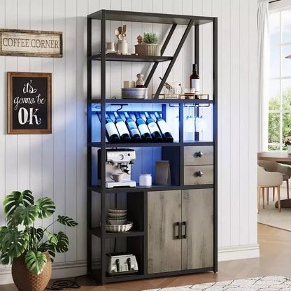 Étagère de boulanger, support de micro-ondes avec rangement, buffet de café de ferme avec casier à vin