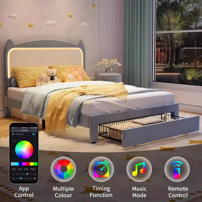 Cadre de lit complet avec tiroir, cadre de lit rembourré silencieux avec tête de lit en forme de chat, lumières LED RVB et support de lattes en bois solide