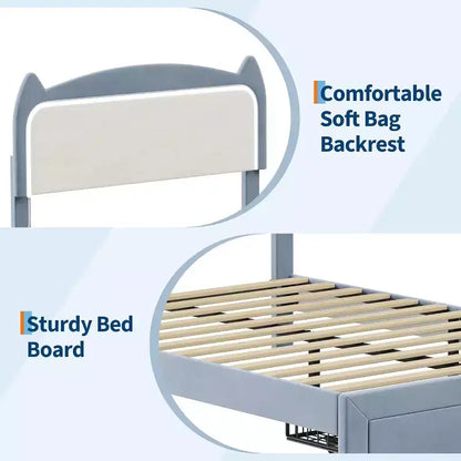 Cadre de lit complet avec tiroir, cadre de lit rembourré silencieux avec tête de lit en forme de chat, lumières LED RVB et support de lattes en bois solide