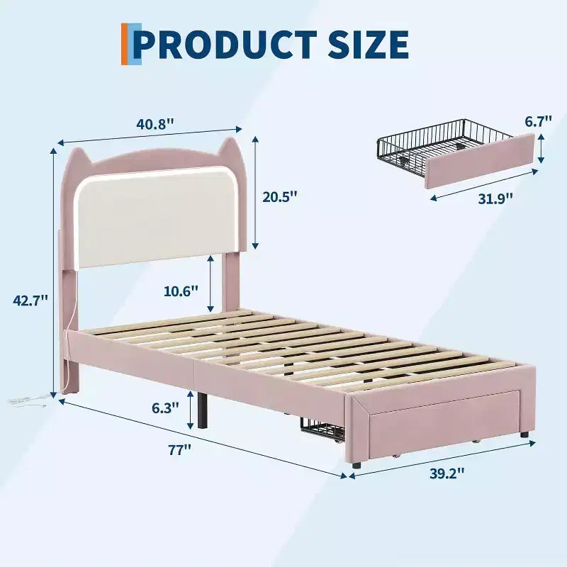 Cadre de lit complet avec tiroir, cadre de lit rembourré silencieux avec tête de lit en forme de chat, lumières LED RVB et support de lattes en bois solide