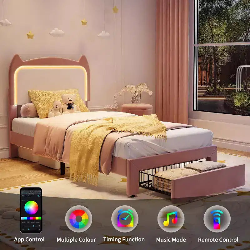 Cadre de lit complet avec tiroir, cadre de lit rembourré silencieux avec tête de lit en forme de chat, lumières LED RVB et support de lattes en bois solide