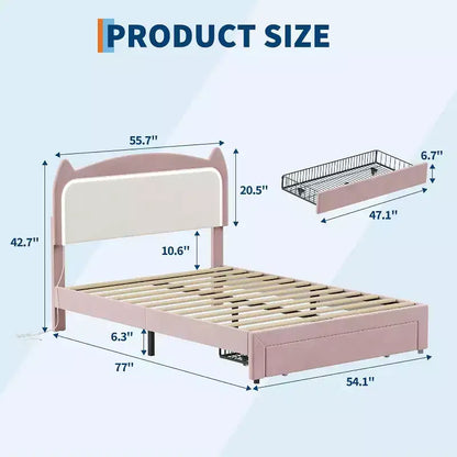 Cadre de lit complet avec tiroir, cadre de lit rembourré silencieux avec tête de lit en forme de chat, lumières LED RVB et support de lattes en bois solide
