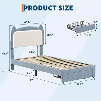 Cadre de lit complet avec tiroir, cadre de lit rembourré silencieux avec tête de lit en forme de chat, lumières LED RVB et support de lattes en bois solide