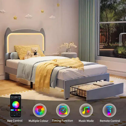 Cadre de lit complet avec tiroir, cadre de lit rembourré silencieux avec tête de lit en forme de chat, lumières LED RVB et support de lattes en bois solide
