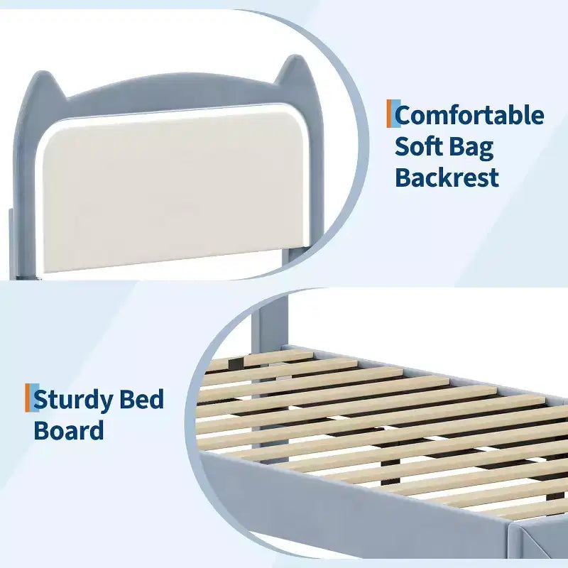 Cadre de lit complet avec tiroir, cadre de lit rembourré silencieux avec tête de lit en forme de chat, lumières LED RVB et support de lattes en bois solide