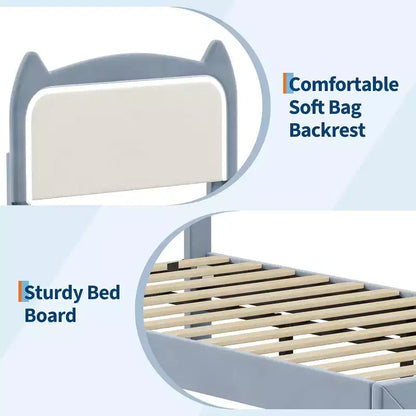 Cadre de lit complet avec tiroir, cadre de lit rembourré silencieux avec tête de lit en forme de chat, lumières LED RVB et support de lattes en bois solide
