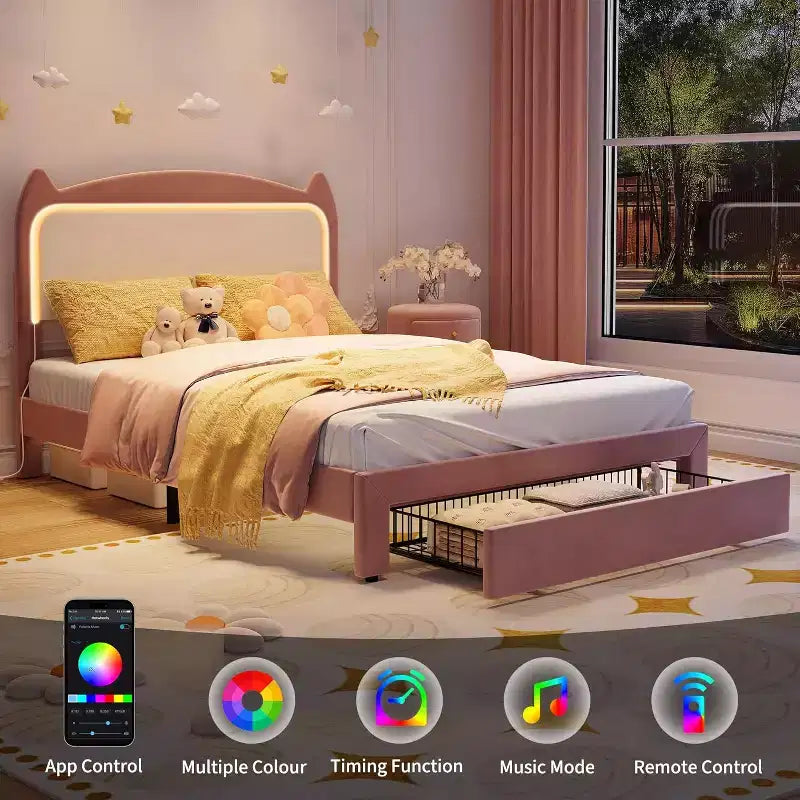 Cadre de lit complet avec tiroir, cadre de lit rembourré silencieux avec tête de lit en forme de chat, lumières LED RVB et support de lattes en bois solide