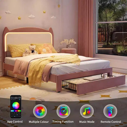 Cadre de lit complet avec tiroir, cadre de lit rembourré silencieux avec tête de lit en forme de chat, lumières LED RVB et support de lattes en bois solide