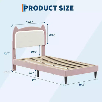 Cadre de lit complet avec tiroir, cadre de lit rembourré silencieux avec tête de lit en forme de chat, lumières LED RVB et support de lattes en bois solide