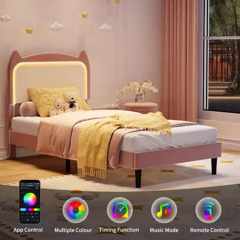 Cadre de lit complet avec tiroir, cadre de lit rembourré silencieux avec tête de lit en forme de chat, lumières LED RVB et support de lattes en bois solide