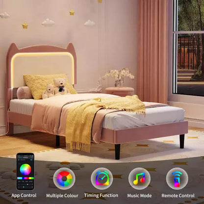 Cadre de lit complet avec tiroir, cadre de lit rembourré silencieux avec tête de lit en forme de chat, lumières LED RVB et support de lattes en bois solide