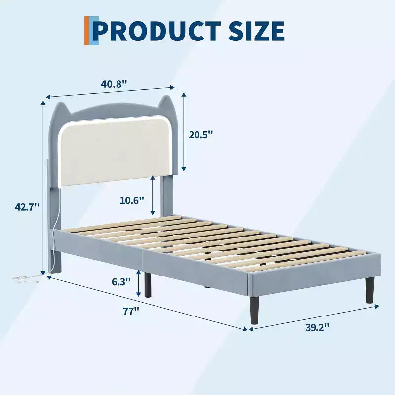 Cadre de lit complet avec tiroir, cadre de lit rembourré silencieux avec tête de lit en forme de chat, lumières LED RVB et support de lattes en bois solide