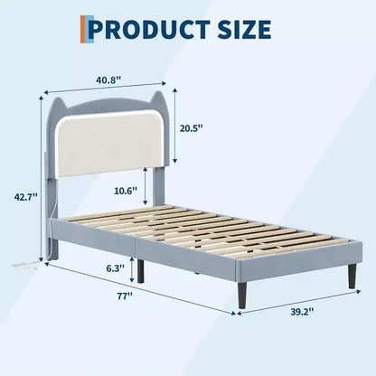 Cadre de lit complet avec tiroir, cadre de lit rembourré silencieux avec tête de lit en forme de chat, lumières LED RVB et support de lattes en bois solide