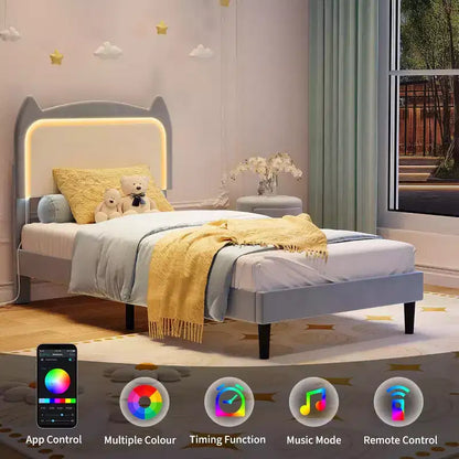 Cadre de lit complet avec tiroir, cadre de lit rembourré silencieux avec tête de lit en forme de chat, lumières LED RVB et support de lattes en bois solide