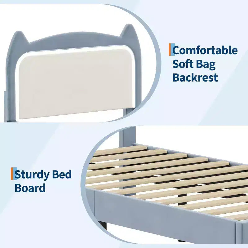 Cadre de lit complet avec tiroir, cadre de lit rembourré silencieux avec tête de lit en forme de chat, lumières LED RVB et support de lattes en bois solide