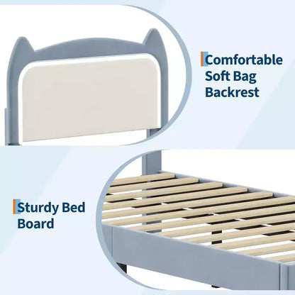 Cadre de lit complet avec tiroir, cadre de lit rembourré silencieux avec tête de lit en forme de chat, lumières LED RVB et support de lattes en bois solide