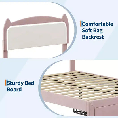 Cadre de lit complet avec tiroir, cadre de lit rembourré silencieux avec tête de lit en forme de chat, lumières LED RVB et support de lattes en bois solide