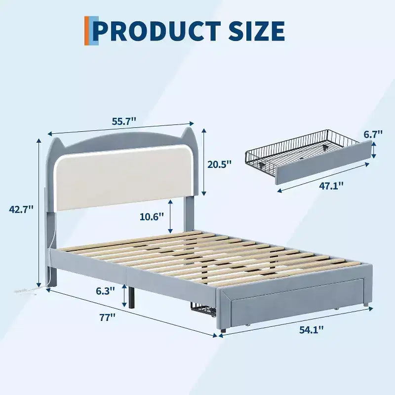 Cadre de lit complet avec tiroir, cadre de lit rembourré silencieux avec tête de lit en forme de chat, lumières LED RVB et support de lattes en bois solide