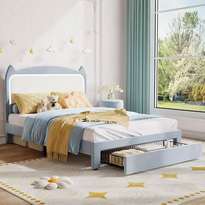 Cadre de lit complet avec tiroir, cadre de lit rembourré silencieux avec tête de lit en forme de chat, lumières LED RVB et support de lattes en bois solide