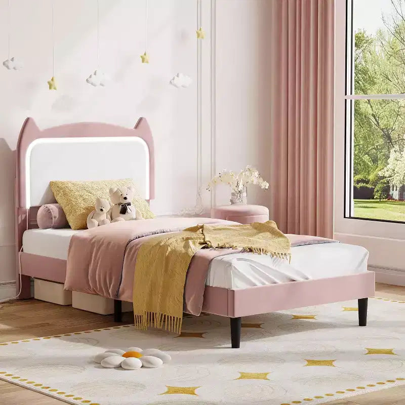 Cadre de lit complet avec tiroir, cadre de lit rembourré silencieux avec tête de lit en forme de chat, lumières LED RVB et support de lattes en bois solide