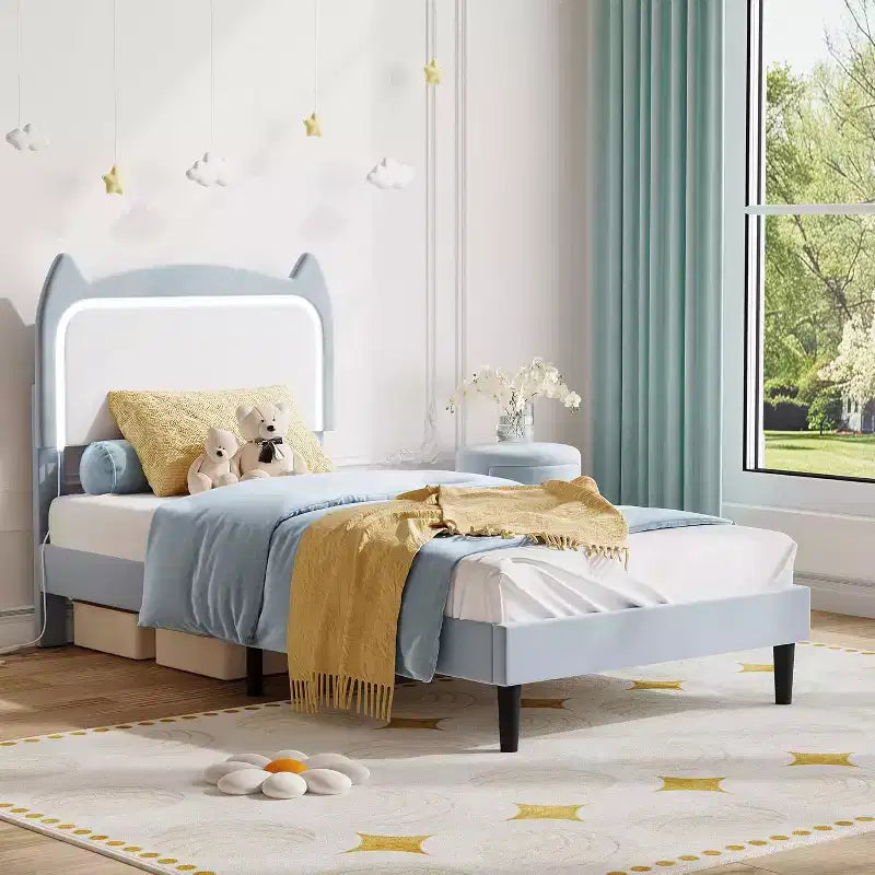 Cadre de lit complet avec tiroir, cadre de lit rembourré silencieux avec tête de lit en forme de chat, lumières LED RVB et support de lattes en bois solide