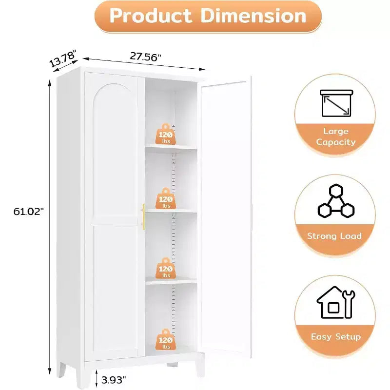Zevemomo 61 Armoire de Rangement en Métal, Armoire Autonome à 2 Portes avec 3 Étagères Réglables, Meuble de Rangement Blanc pour Cuisine Salle de Bain Buanderie