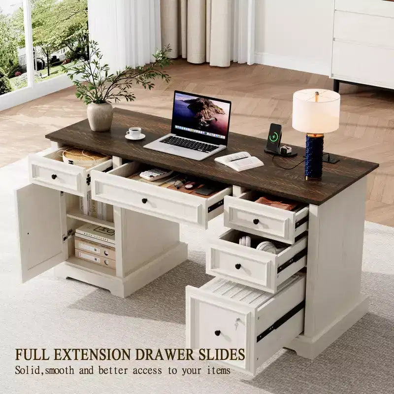 Dyonery Wood Home Office Desk with Charging Station 60 Bureau de direction de ferme avec tiroir/tiroir de classement/armoire de rangement, bureau d'ordinateur rustique