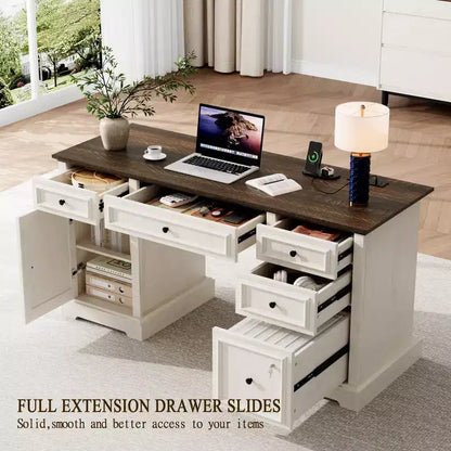 Dyonery Wood Home Office Desk with Charging Station 60 Bureau de direction de ferme avec tiroir/tiroir de classement/armoire de rangement, bureau d'ordinateur rustique