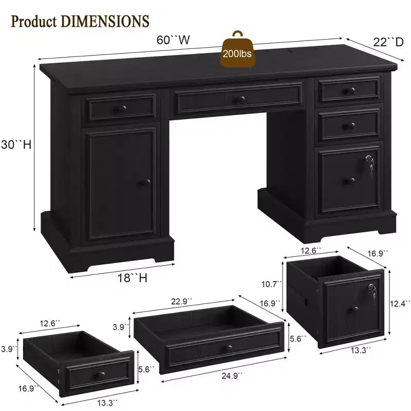 Dyonery Wood Home Office Desk with Charging Station 60 Bureau de direction de ferme avec tiroir/tiroir de classement/armoire de rangement, bureau d'ordinateur rustique
