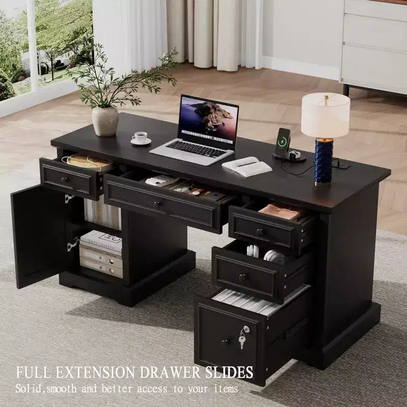 Dyonery Wood Home Office Desk with Charging Station 60 Bureau de direction de ferme avec tiroir/tiroir de classement/armoire de rangement, bureau d'ordinateur rustique