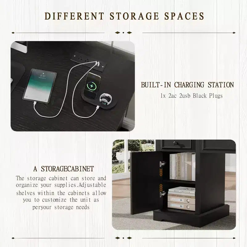 Dyonery Wood Home Office Desk with Charging Station 60 Bureau de direction de ferme avec tiroir/tiroir de classement/armoire de rangement, bureau d'ordinateur rustique