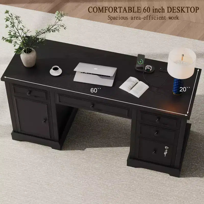 Dyonery Wood Home Office Desk with Charging Station 60 Bureau de direction de ferme avec tiroir/tiroir de classement/armoire de rangement, bureau d'ordinateur rustique