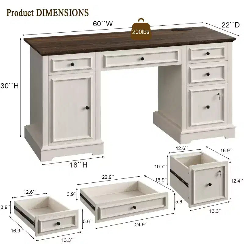 Dyonery Wood Home Office Desk with Charging Station 60 Bureau de direction de ferme avec tiroir/tiroir de classement/armoire de rangement, bureau d'ordinateur rustique