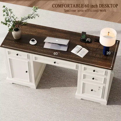 Dyonery Wood Home Office Desk with Charging Station 60 Bureau de direction de ferme avec tiroir/tiroir de classement/armoire de rangement, bureau d'ordinateur rustique