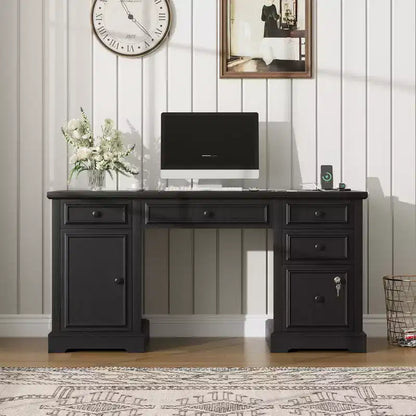 Dyonery Wood Home Office Desk with Charging Station 60 Farmhouse Executive Desk with Drawer/File Drawer/Storage Cabinet,Rustic Computer Writing Desk