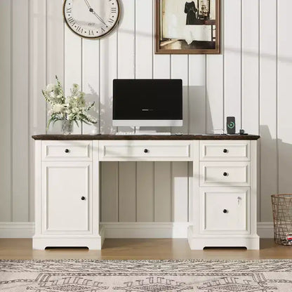 Dyonery Wood Home Office Desk with Charging Station 60 Bureau de direction de ferme avec tiroir/tiroir de classement/armoire de rangement, bureau d'ordinateur rustique