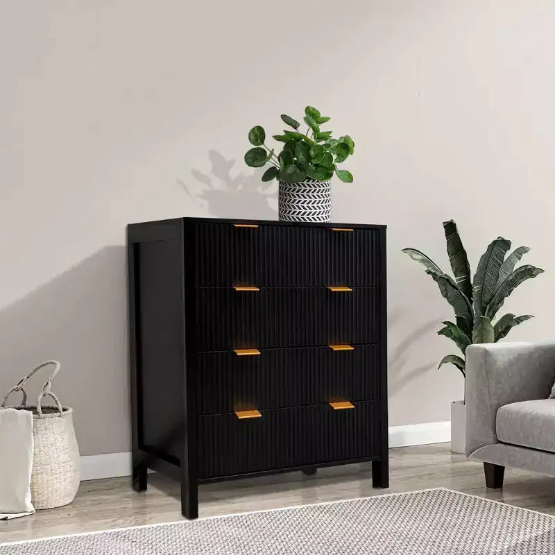 Commode haute à 4 tiroirs avec design cannelé, chiffonnier moderne du milieu du siècle pour chambre à coucher, salon, couloir, finition noire