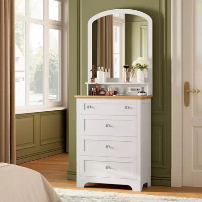 Commode avec miroir et lumières LED, Table de maquillage moderne avec station de charge