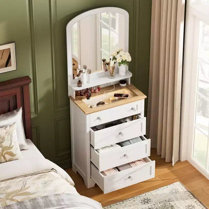 Commode avec miroir et lumières LED, Table de maquillage moderne avec station de charge