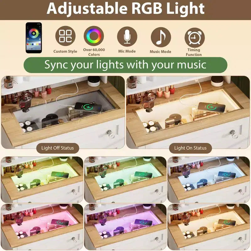Commode avec miroir et lumières LED, Table de maquillage moderne avec station de charge
