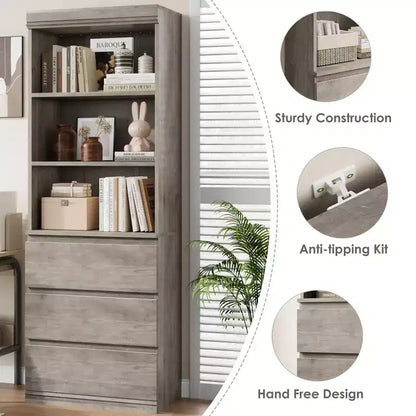 Bibliothèque de 70 pouces, meuble de rangement en bois avec trois tiroirs pour salon, bureau, cuisine, bureau à domicile