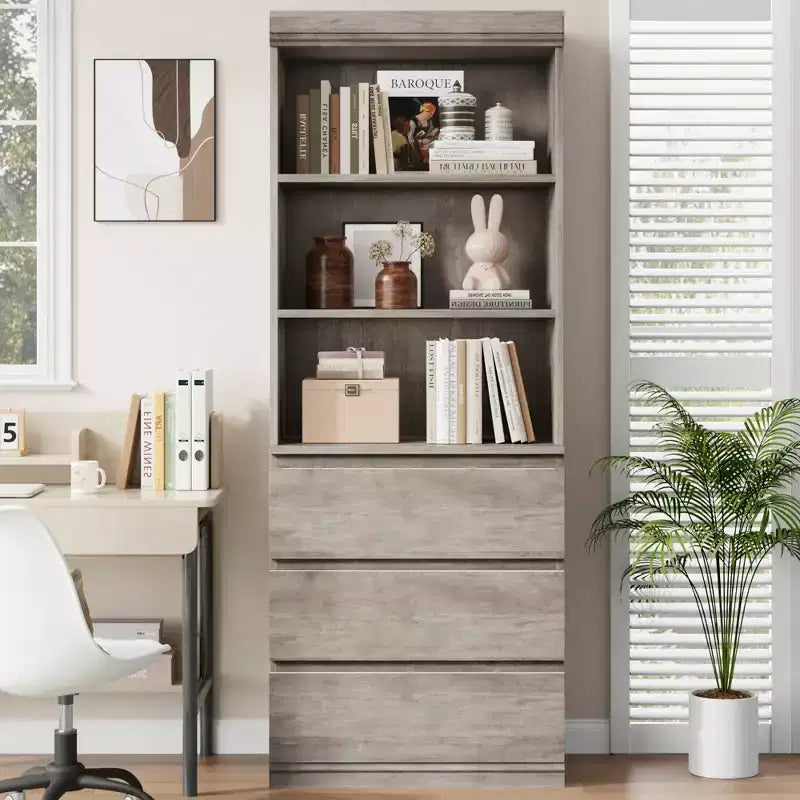 Bibliothèque de 70 pouces, meuble de rangement en bois avec trois tiroirs pour salon, bureau, cuisine, bureau à domicile