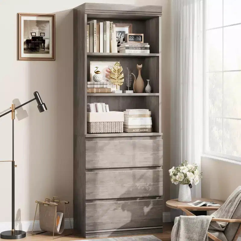 Bibliothèque de 70 pouces, meuble de rangement en bois avec trois tiroirs pour salon, bureau, cuisine, bureau à domicile