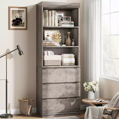 Bibliothèque de 70 pouces, meuble de rangement en bois avec trois tiroirs pour salon, bureau, cuisine, bureau à domicile