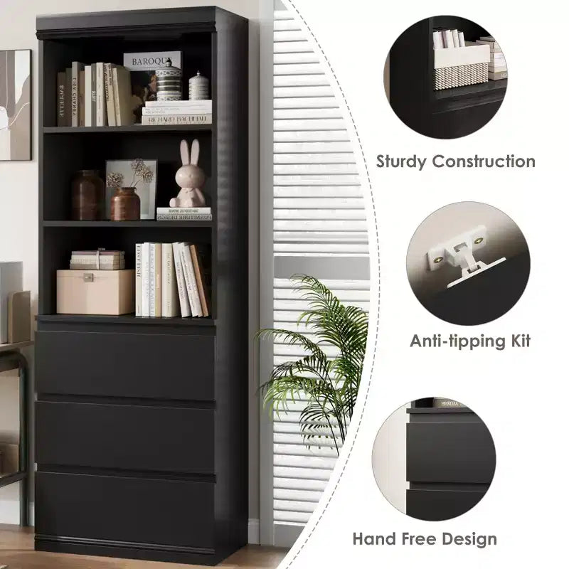 Bibliothèque de 70 pouces, meuble de rangement en bois avec trois tiroirs pour salon, bureau, cuisine, bureau à domicile