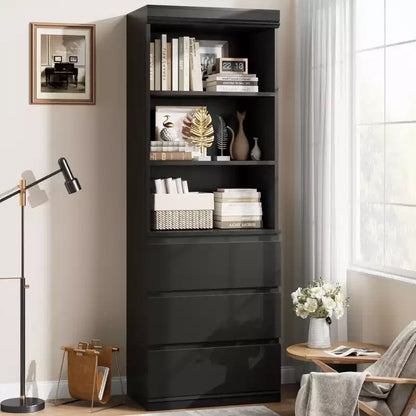 Bibliothèque de 70 pouces, meuble de rangement en bois avec trois tiroirs pour salon, bureau, cuisine, bureau à domicile
