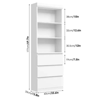 Bibliothèque de 70 pouces, meuble de rangement en bois avec trois tiroirs pour salon, bureau, cuisine, bureau à domicile