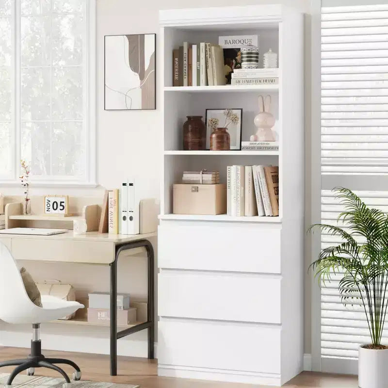 Bibliothèque de 70 pouces, meuble de rangement en bois avec trois tiroirs pour salon, bureau, cuisine, bureau à domicile