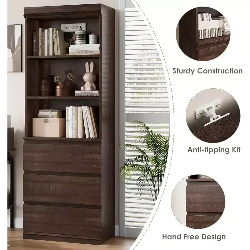 Bibliothèque de 70 pouces, meuble de rangement en bois avec trois tiroirs pour salon, bureau, cuisine, bureau à domicile