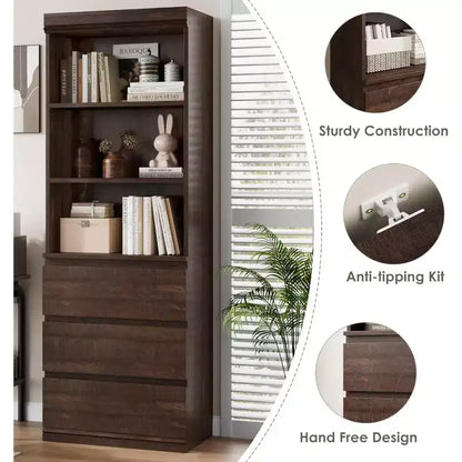 Bibliothèque de 70 pouces, meuble de rangement en bois avec trois tiroirs pour salon, bureau, cuisine, bureau à domicile